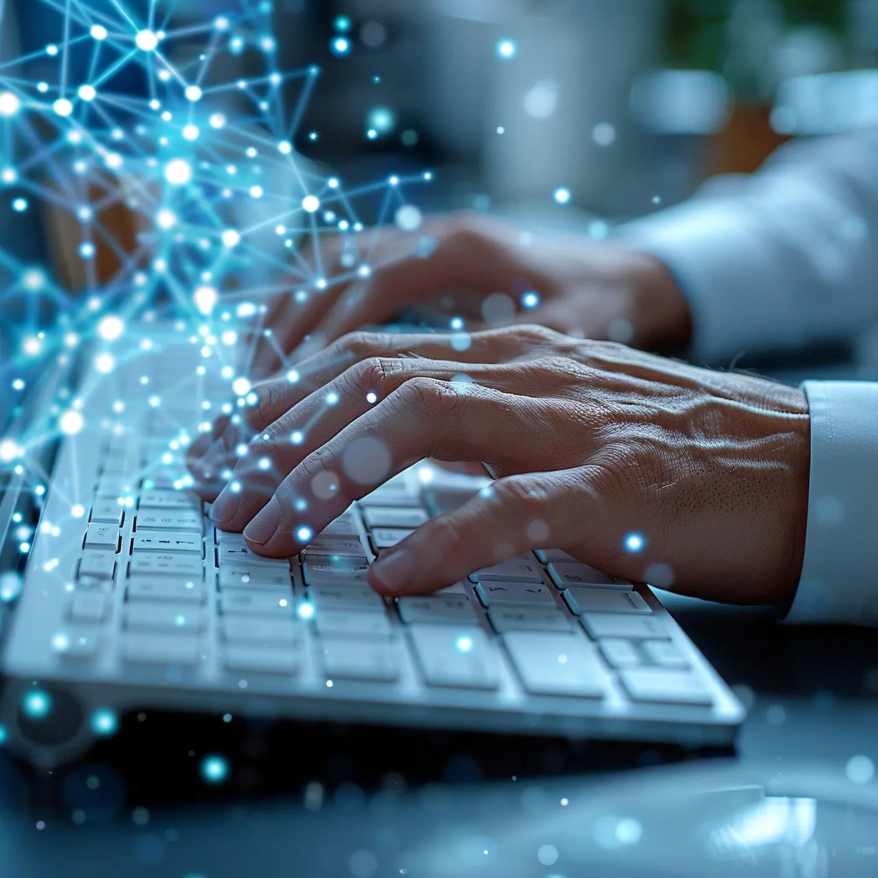 Close-up of hands working on a connected computer keyboard, representing digital security.